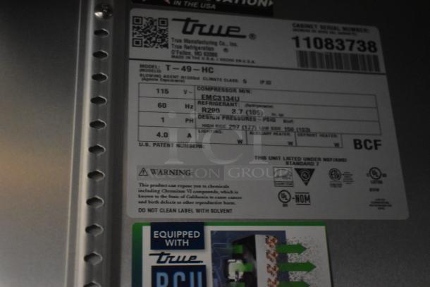 Label of True T-49-HC commercial refrigerator. Details: 115V, 60Hz, R290 refrigerant, model and serial numbers visible.