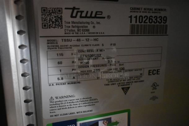 Label on True refrigeration unit, model TSSU-48-12-HC, serial 11026339, refrigerant R290, voltage 115V, climate class 5.