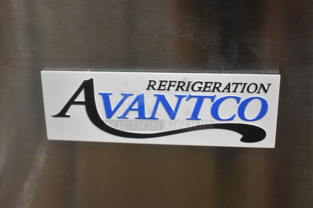 Avantco refrigeration logo on stainless steel surface, featuring bold blue and black lettering.