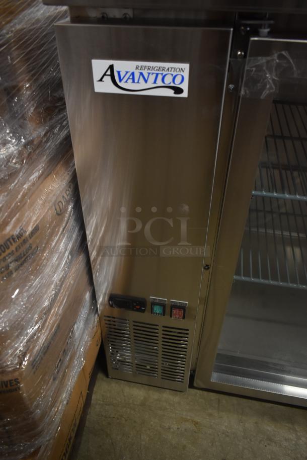 Avantco stainless steel refrigeration unit with glass door, control switches, and visible brand label. Appears in good condition.