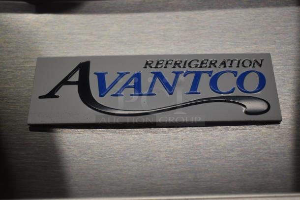 Avantco Refrigeration logo on stainless steel surface, indicating brand and appliance type.