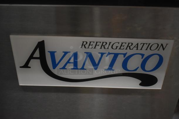 Avantco refrigeration logo on stainless steel surface, indicating a commercial cooling unit.