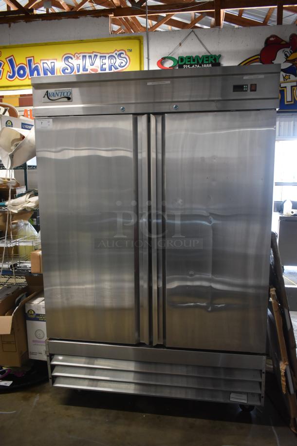 Stainless steel Avantco refrigerator with double doors, good condition, commercial-grade, visible markings on top panel.