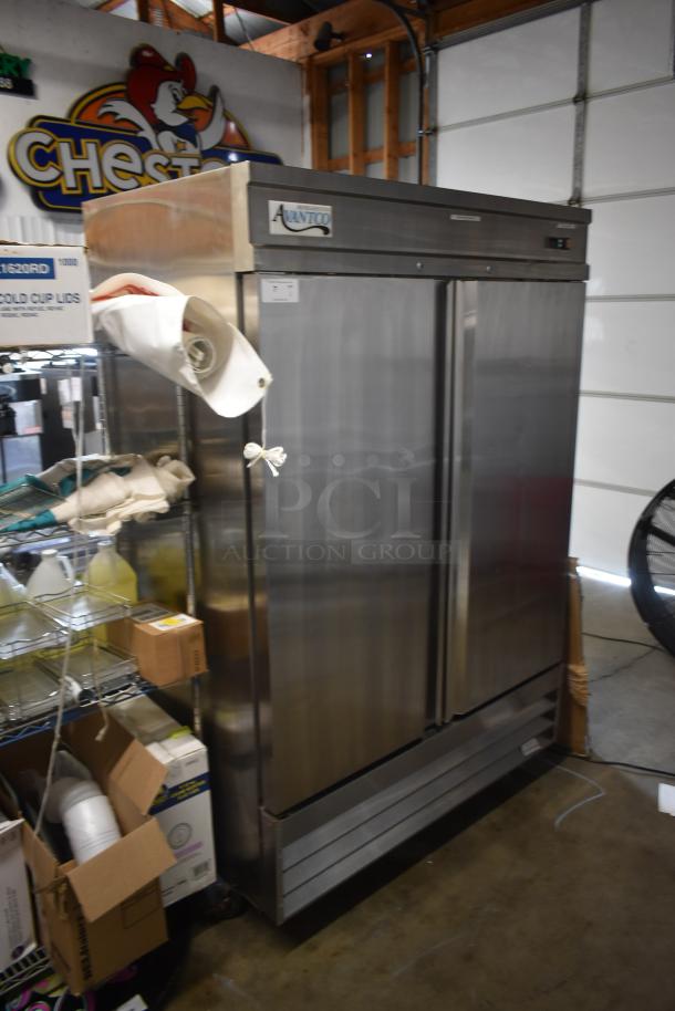 Avantco stainless steel commercial refrigerator, double-door, appears in good condition. Features label indicating brand.