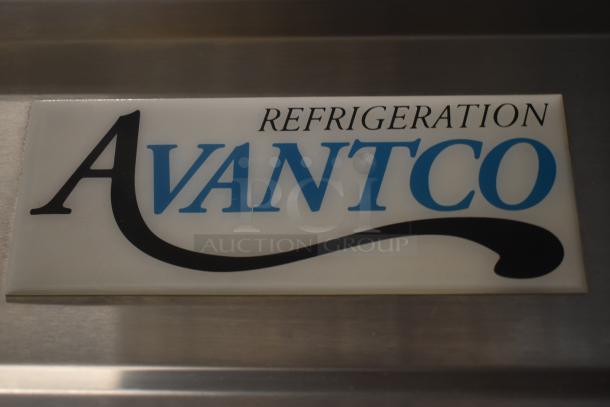 Avantco Refrigeration sign, blue and black logo on white background, indicates brand and function of appliance.