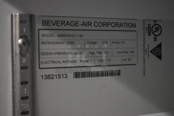 Beverage-Air model MMR44HC-1-W label; refrigerant R290, electrical ratings 115V, 5.4 amps, design pressure high 420 psig.