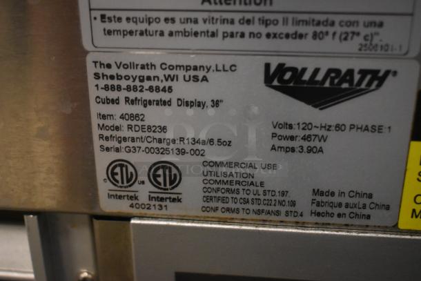 Vollrath cubed refrigerated display, Model RDE8236, item 40862, uses R134a refrigerant, commercial use, 36 inches wide.