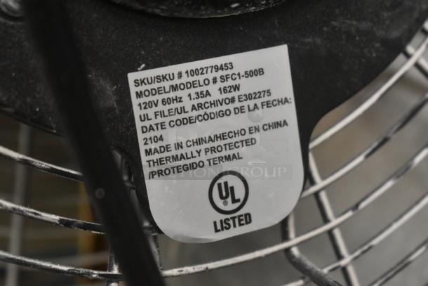Label on a fan, SKU 1002779453, Model SFC1-500B, 120V, 60Hz, 1.35A, 162W, UL listed, made in China, thermally protected.