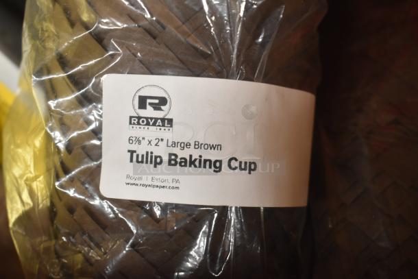 Large brown tulip baking cup, 6⅞"x 2", by Royal, in original packaging with label from Exton, PA.