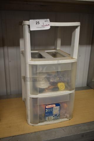 Sterilite 3-drawer plastic storage cart, white frame, used condition, includes assorted items inside, auction lot tag attached.