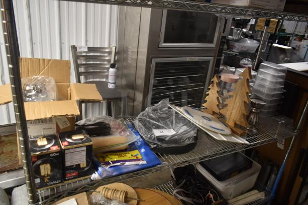 Metal storage shelf with various items including light bulbs, wooden tree decorations, and a plastic-wrapped item labeled "34."