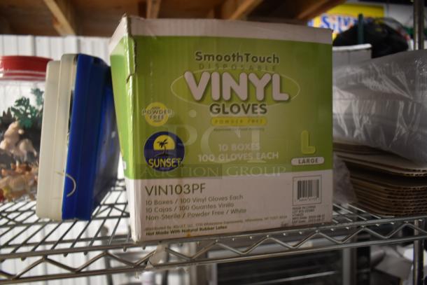 Box of SmoothTouch VINYL Gloves, size Large, powder-free, 10 boxes of 100 gloves each, Sunset brand, non-sterile, white.