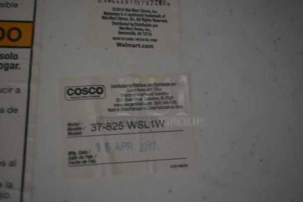 Label showing Cosco model 37-825 WSL1W, manufactured 15 April 2017, distributed by Ameriwood Industries.