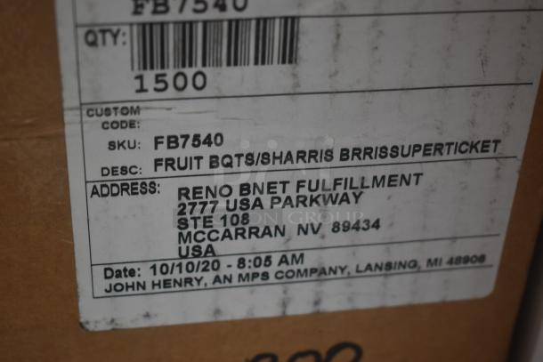 Box label showing SKU FB7540, description "Fruit BQTS/Sharris BrissuperTicket", and address for Reno Bnet Fulfillment.