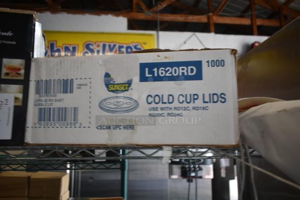 Box of 1000 Sunset L1620RD cold cup lids; compatible with RD12C, RD16C, RD20C, RD24C cups. Box shows slight wear.