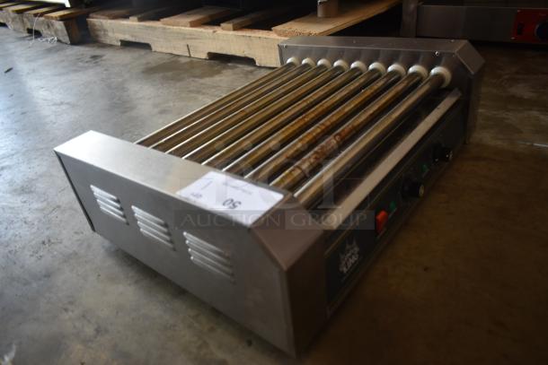 Commercial hot dog roller grill, stainless steel, used condition with visible wear, model number tag indicating "50."