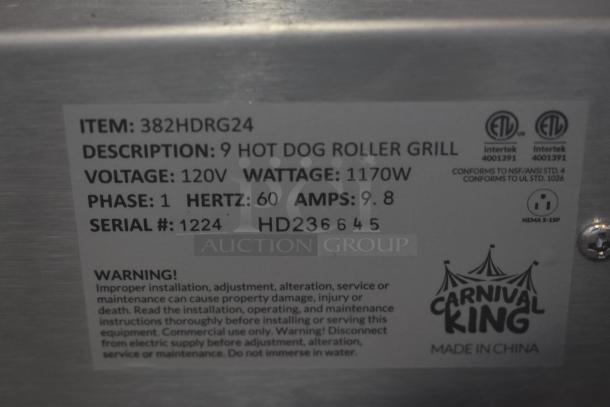 Carnival King 9 Hot Dog Roller Grill label, 120V, 1170W, model HDRG24, serial #1224, indicating commercial use.