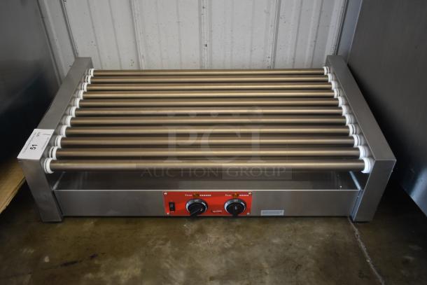 Commercial hot dog roller grill with dual-zone controls, stainless steel rollers, excellent condition, model tag visible.