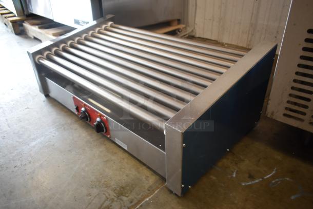 Commercial hot dog roller grill with stainless steel rollers, dual control knobs, and red panel, in good condition.