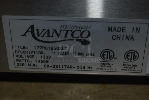 Avantco 11 Roller Hot Dog Grill, item 177RG1850SLT, 120V, 1460W, serial CK-231174R-014 N1, made in China.