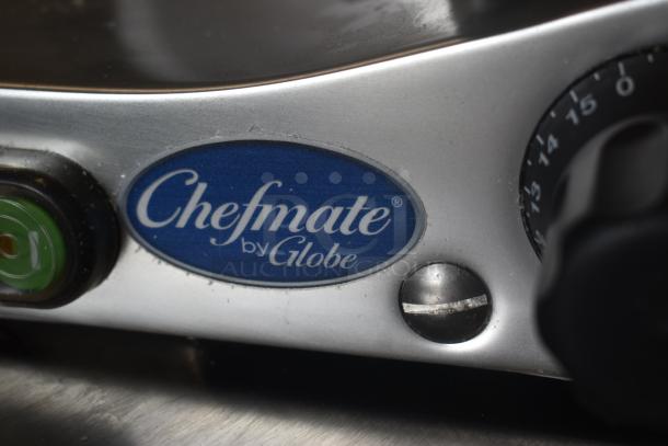 Chefmate by Globe electric appliance panel, featuring a green power button and numbered dial, indicating settings.