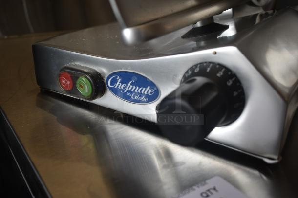 Chefmate by Globe slicer with power switch, speed dial, slight wear, ideal for commercial kitchens.