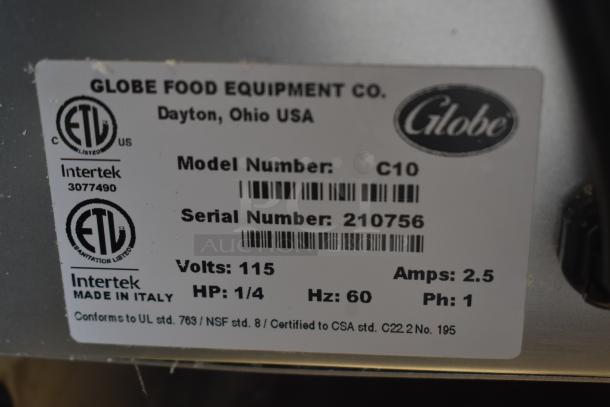 Label on Globe Food Equipment C10; Serial 210756; 115V; 2.5 Amps; 1/4 HP; 60 Hz; Intertek certified; made in Italy.