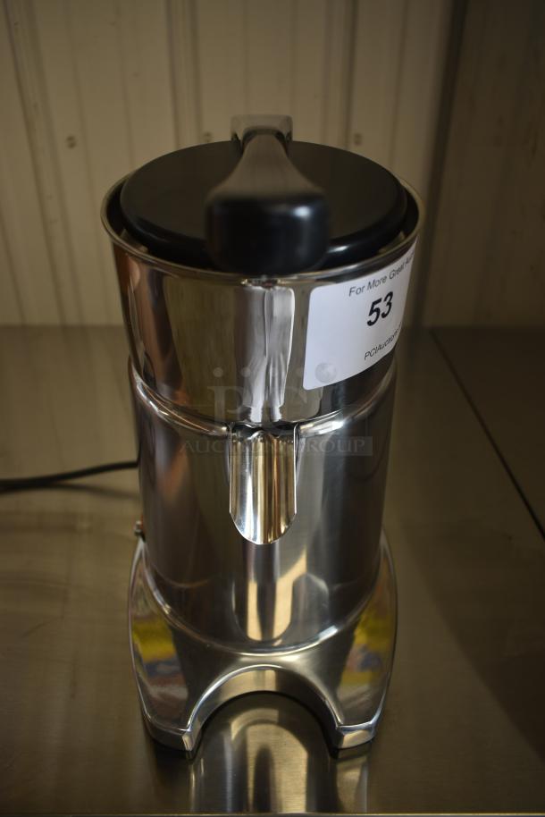 Stainless steel automatic juicer in excellent condition, with chrome finish. Marking shows lot number 53 for auction.
