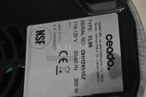 Ceado SL98, 300W, 110-120V appliance label, NSF certified, serial DHH245152, made in Italy.
