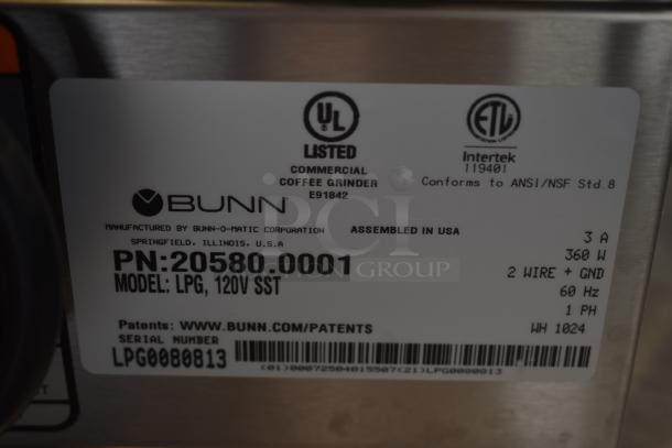 Bunn commercial coffee grinder label, Model LPG, 120V SST, Part Number 20580.0001, UL and Intertek certified.