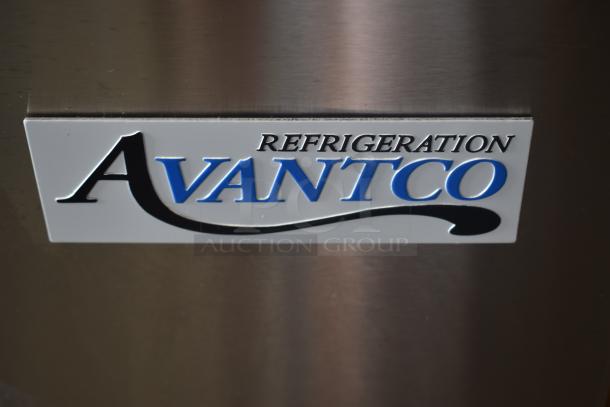 Avantco refrigeration logo on a stainless steel appliance, indicating brand and model.