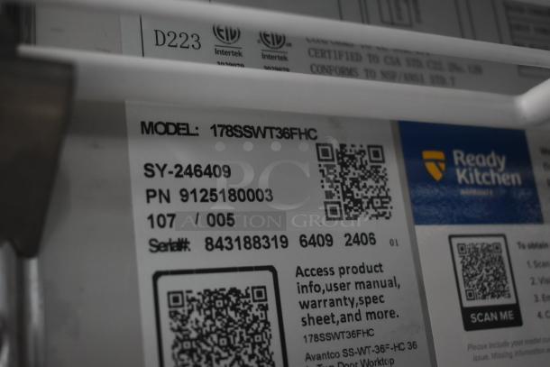 Model label showing "178SSWT36FHC," serial number 843188319, ready kitchen warranty QR codes.