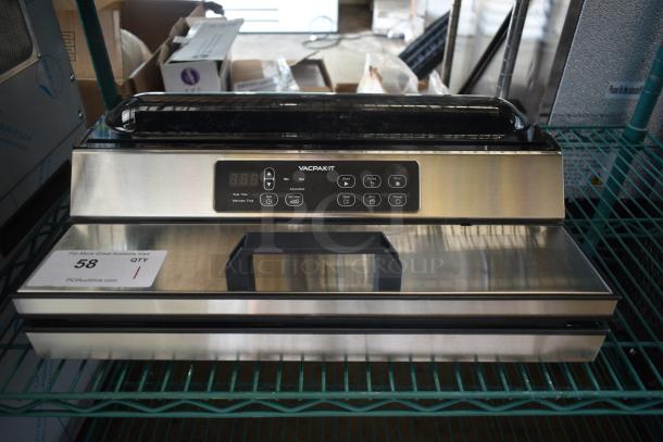 VacPak-It stainless steel vacuum sealer, model VME12SS. Digital controls, excellent condition, label indicates auction ID 58.