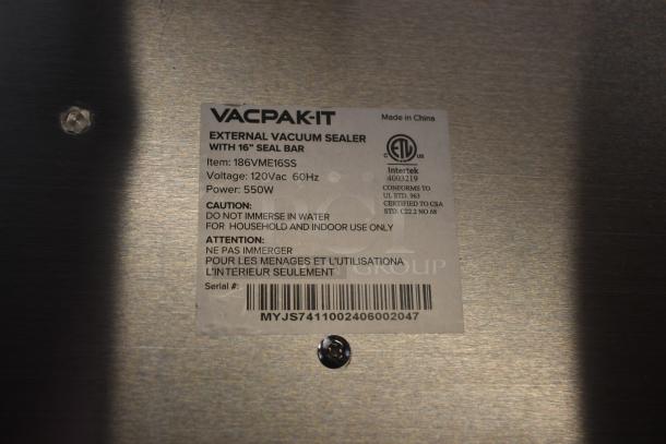 VACPAK-IT external vacuum sealer, 16" seal bar, 120Vac, 550W. ETL certified. For household use. Serial: MYJS7411002406002047.