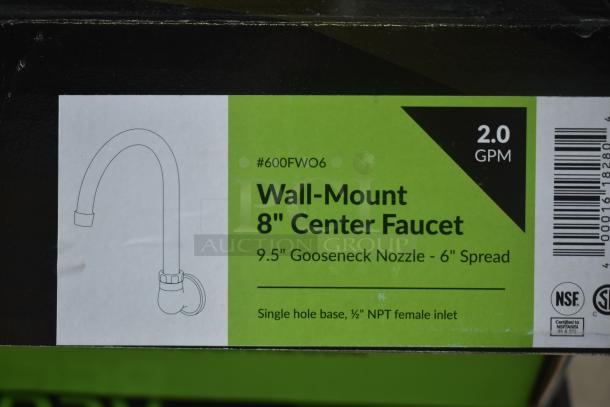 Wall-mount 8" center faucet, 9.5" gooseneck nozzle, 6" spread, 2.0 GPM. Features single hole base, ½" NPT inlet.