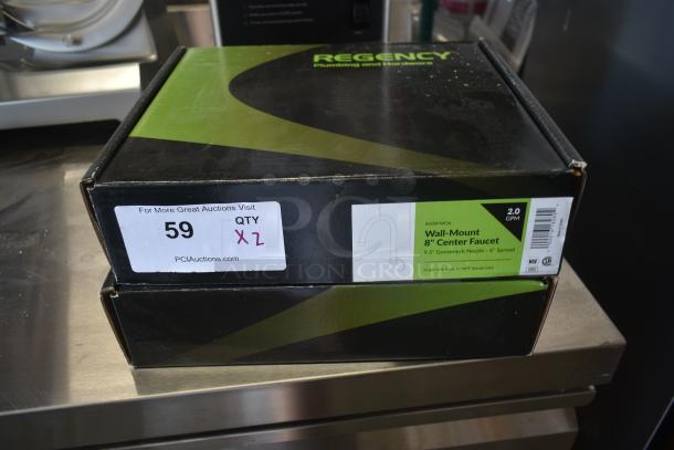 Boxed Regency wall-mount 8" center faucet with 9.5" gooseneck nozzle, 2.0 GPM. Label indicates quantity of two.