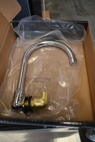 Chrome kitchen faucet with brass connector, new in box, packaged in clear plastic.