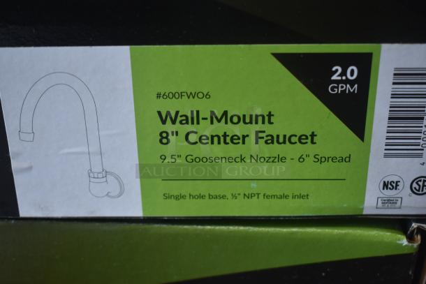 Wall-mount 8" center faucet with 9.5" gooseneck nozzle, 6" spread. Model #600FWO6, 2.0 GPM, NSF certified.