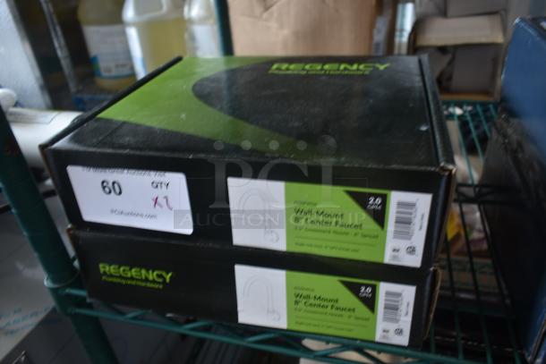 Regency Wall-Mount 8" Center Faucet, 2 GPM, new in box with green and black packaging, labels indicate QTY 12.