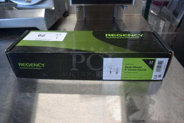Regency deck-mount 4" center faucet box, new condition, 2.0 GPM, 10" swing nozzle, ceramic cartridges, NSF certified.