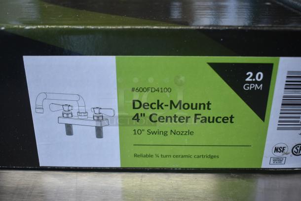 Deck-mount 4" center faucet with 10" swing nozzle, model #600FD4100, features 2.0 GPM and ceramic cartridges.
