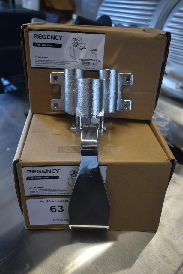 Regency knee pedal valve with chrome finish, mounted on box. Label indicates model #600KNEEVALVE, new condition.