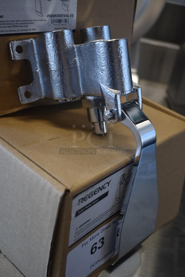 Regency knee pedal valve, metallic finish, new condition with protective packaging. Model #600KNEEVALVE visible on box label.