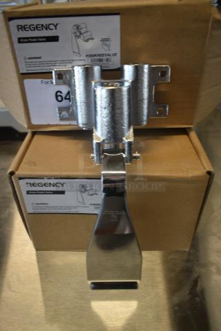 Regency knee pedal valve in new condition, model #600KNEEVALVE. Shiny metal with visible warning label and instructions.