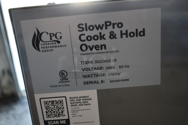 CPG SlowPro Cook & Hold Oven, model 351CHUC1B, 208V, 1700W, UL listed, intended for commercial use. Serial: 202405-00065.
