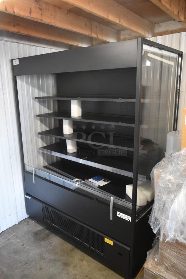 Avanti open display cooler, black, multiple shelves, glass front, new condition, packaging intact, suitable for retail.