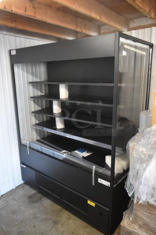Avanti open display cooler, black, multiple shelves, glass front, new condition, packaging intact, suitable for retail.
