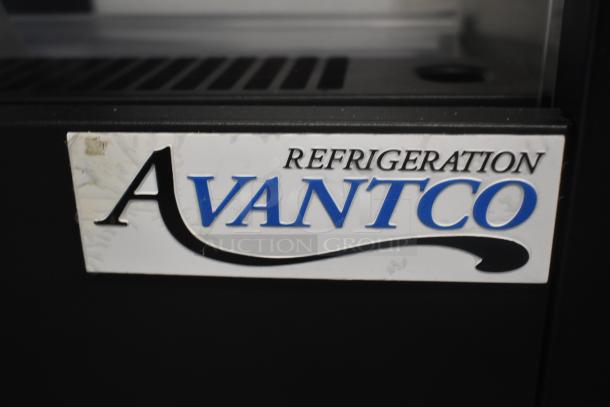 Avantco refrigeration label on black surface, indicating brand name and highlighting its key feature of refrigeration.