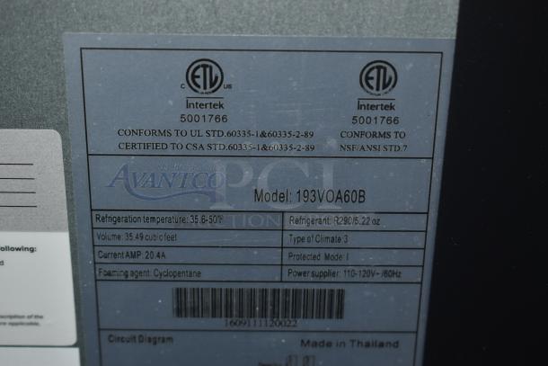 Avantco refrigeration label, model 193VOA60B, 35.49 cu. ft., R290 refrigerant, ETL certified, made in Thailand.