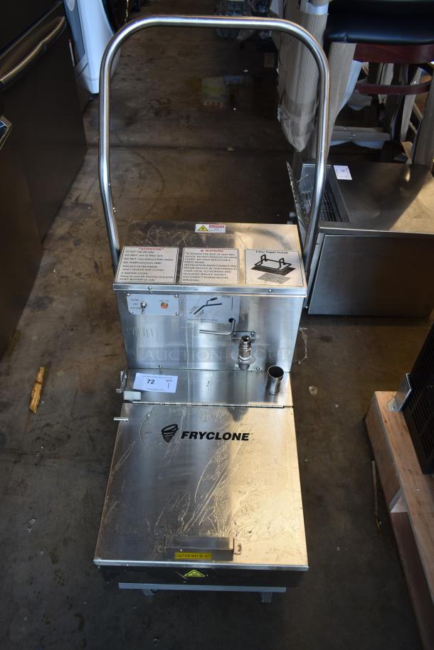Commercial stainless steel Fryclone filter machine in good condition. Features control panel with instructions and caution labels.